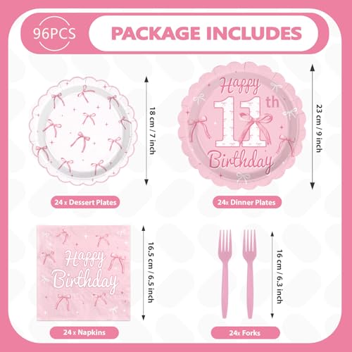 96 Pcs Pink Bow 11th Birthday Party Scalloped Plates and Napkins - Grencian