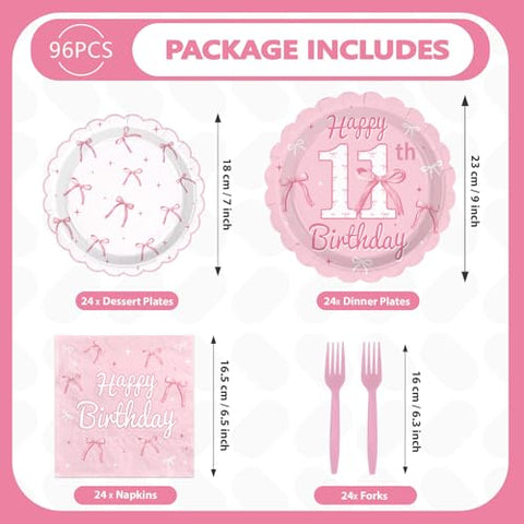96 Pcs Pink Bow 11th Birthday Party Scalloped Plates and Napkins - Grencian