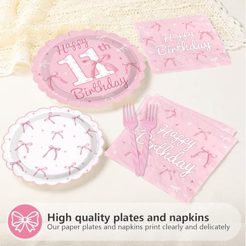 96 Pcs Pink Bow 11th Birthday Party Scalloped Plates and Napkins - Grencian