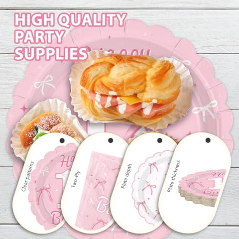 96 Pcs Pink Bow 11th Birthday Party Scalloped Plates and Napkins - Grencian