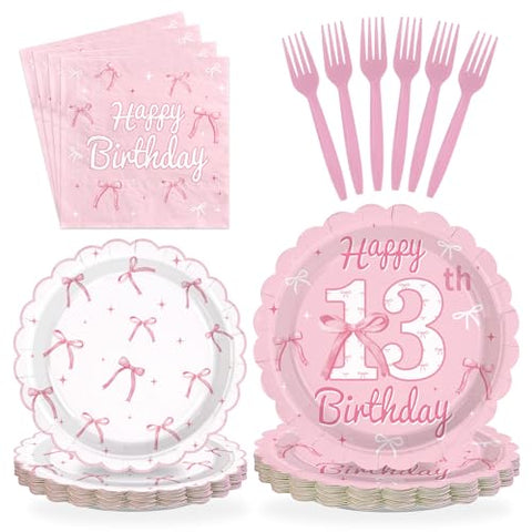 96 Pcs Pink Bow 13th Birthday Party Scalloped Plates and Napkins - Grencian
