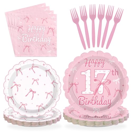 96 Pcs Pink Bow 17th Birthday Party Scalloped Plates and Napkins - Grencian