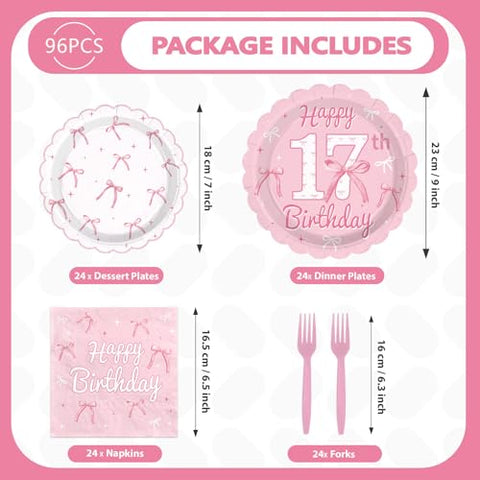 96 Pcs Pink Bow 17th Birthday Party Scalloped Plates and Napkins - Grencian