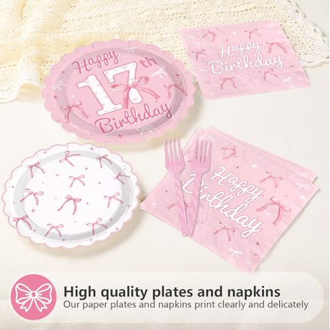 96 Pcs Pink Bow 17th Birthday Party Scalloped Plates and Napkins - Grencian