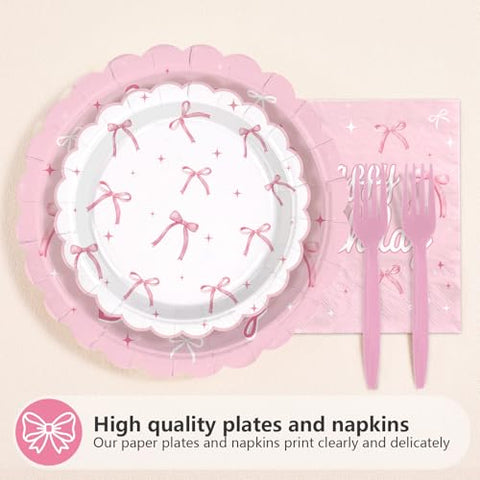 96 Pcs Pink Bow 17th Birthday Party Scalloped Plates and Napkins - Grencian