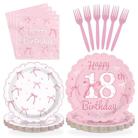 96 Pcs Pink Bow 18th Birthday Party Scalloped Plates and Napkins - Grencian