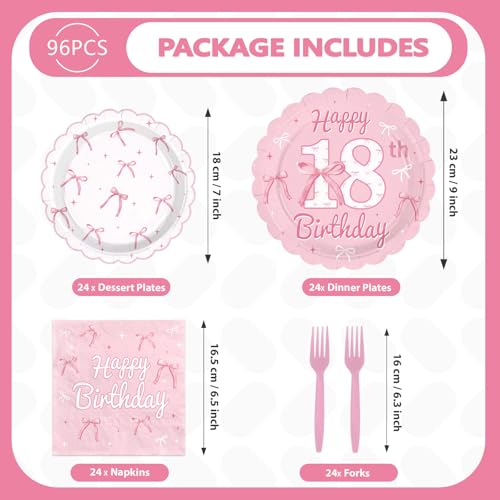 96 Pcs Pink Bow 18th Birthday Party Scalloped Plates and Napkins - Grencian