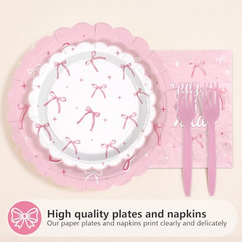 96 Pcs Pink Bow 18th Birthday Party Scalloped Plates and Napkins - Grencian