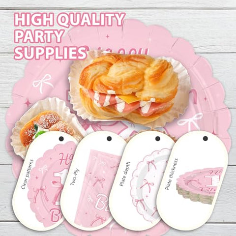 96 Pcs Pink Bow 18th Birthday Party Scalloped Plates and Napkins - Grencian