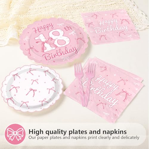 96 Pcs Pink Bow 18th Birthday Party Scalloped Plates and Napkins - Grencian