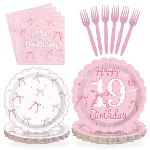 96 Pcs Pink Bow 19th Birthday Party Scalloped Plates and Napkins - Grencian