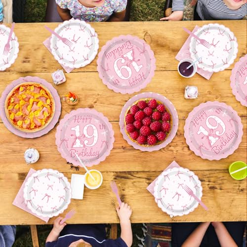 96 Pcs Pink Bow 19th Birthday Party Scalloped Plates and Napkins - Grencian