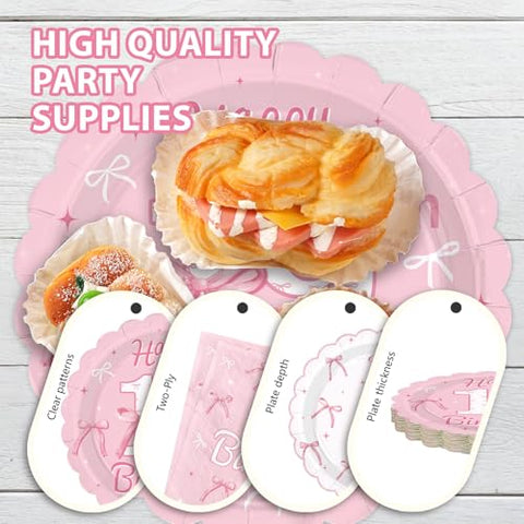 96 Pcs Pink Bow 19th Birthday Party Scalloped Plates and Napkins - Grencian