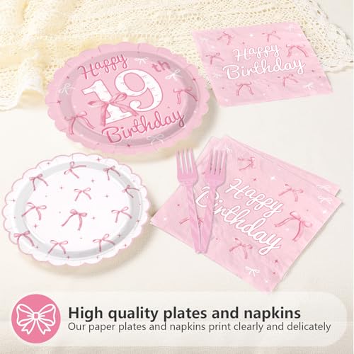 96 Pcs Pink Bow 19th Birthday Party Scalloped Plates and Napkins - Grencian