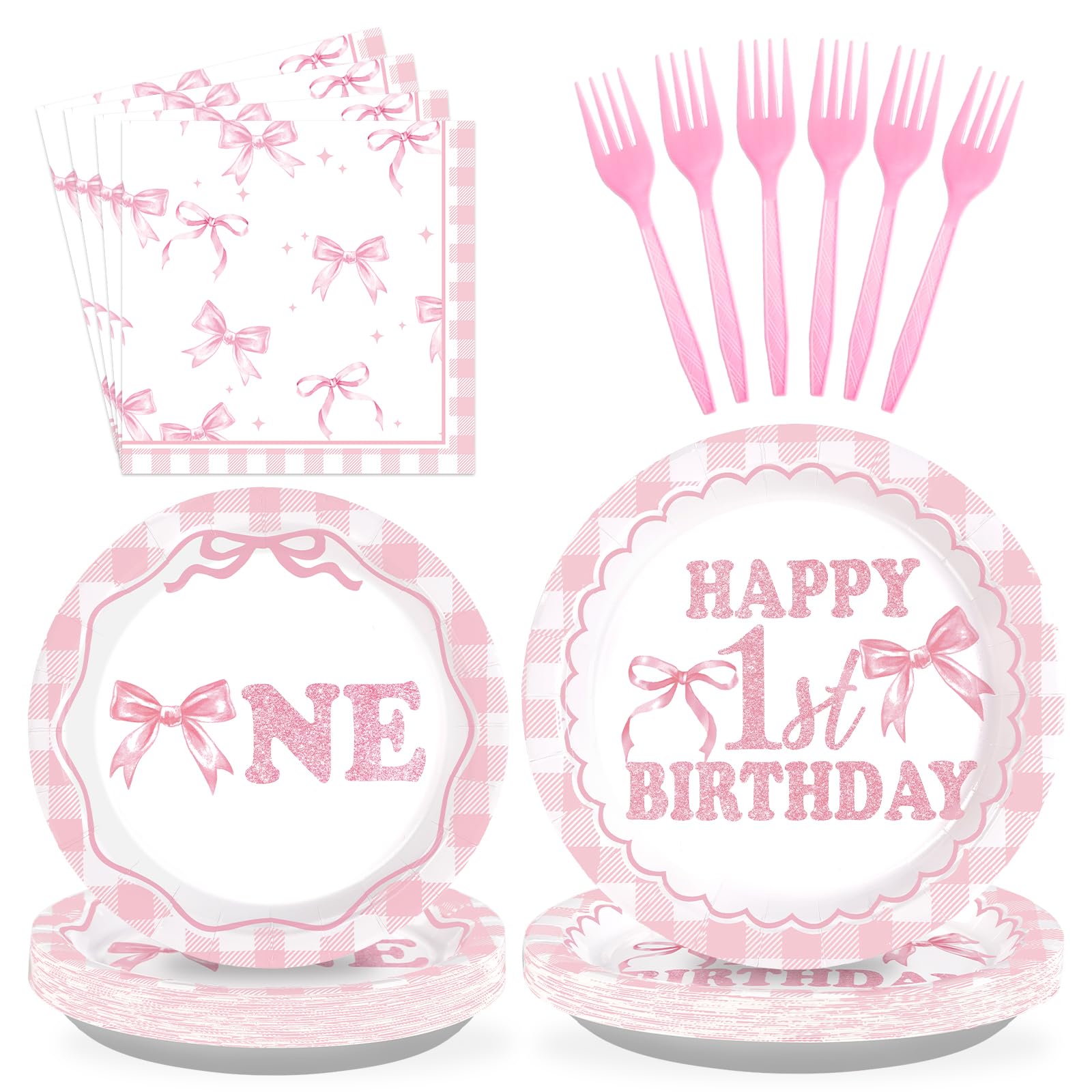 96 Pcs Pink Bow 1st Birthday Party Plates and Napkins - Grencian