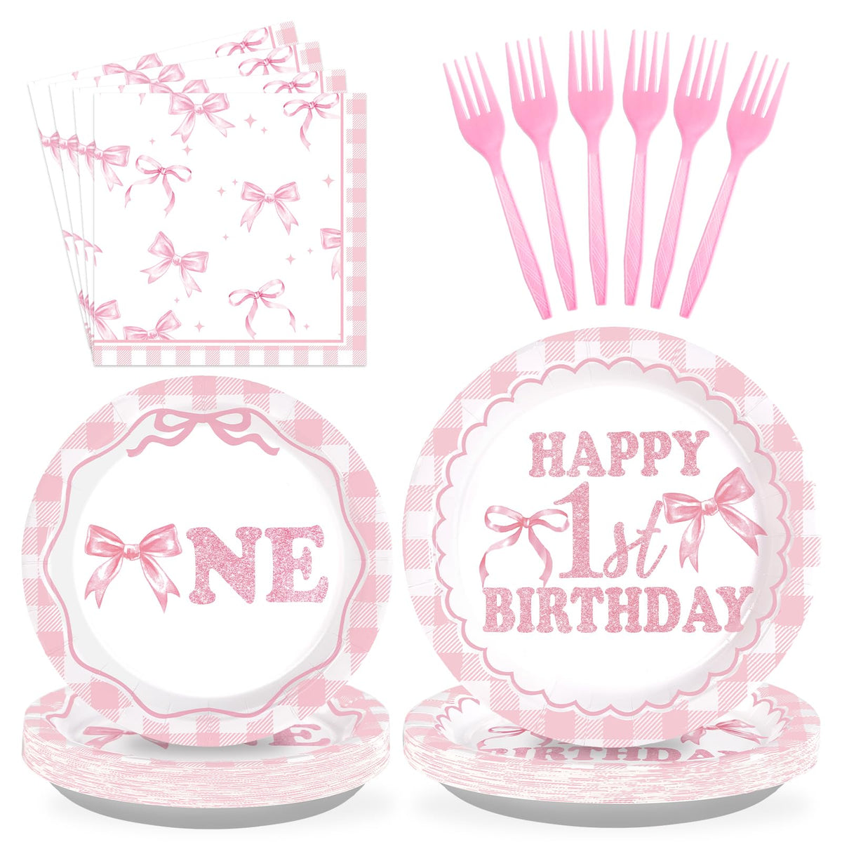 96 Pcs Pink Bow 1st Birthday Party Plates and Napkins - Grencian