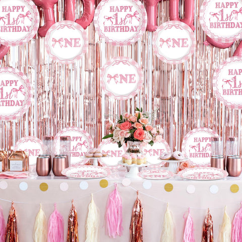 96 Pcs Pink Bow 1st Birthday Party Plates and Napkins - Grencian