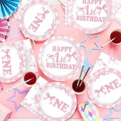 96 Pcs Pink Bow 1st Birthday Party Plates and Napkins - Grencian