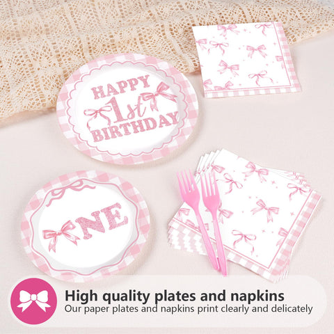 96 Pcs Pink Bow 1st Birthday Party Plates and Napkins - Grencian