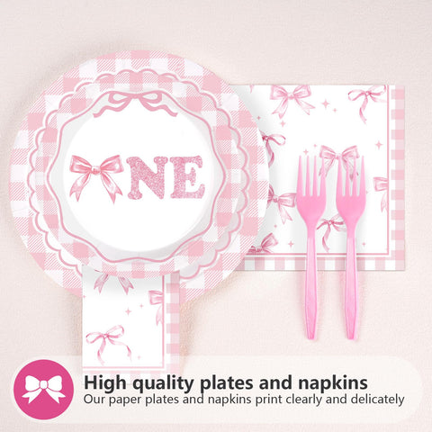 96 Pcs Pink Bow 1st Birthday Party Plates and Napkins - Grencian