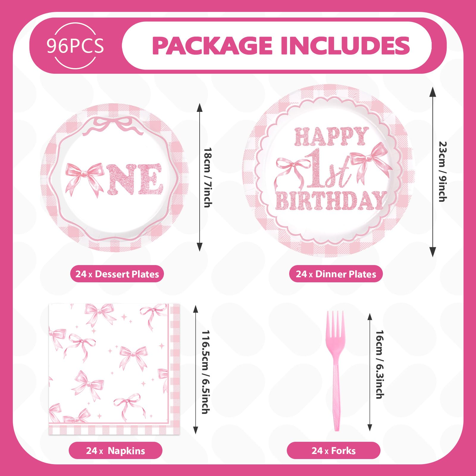 96 Pcs Pink Bow 1st Birthday Party Plates and Napkins - Grencian