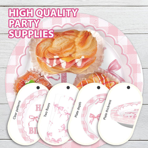 96 Pcs Pink Bow 1st Birthday Party Plates and Napkins - Grencian
