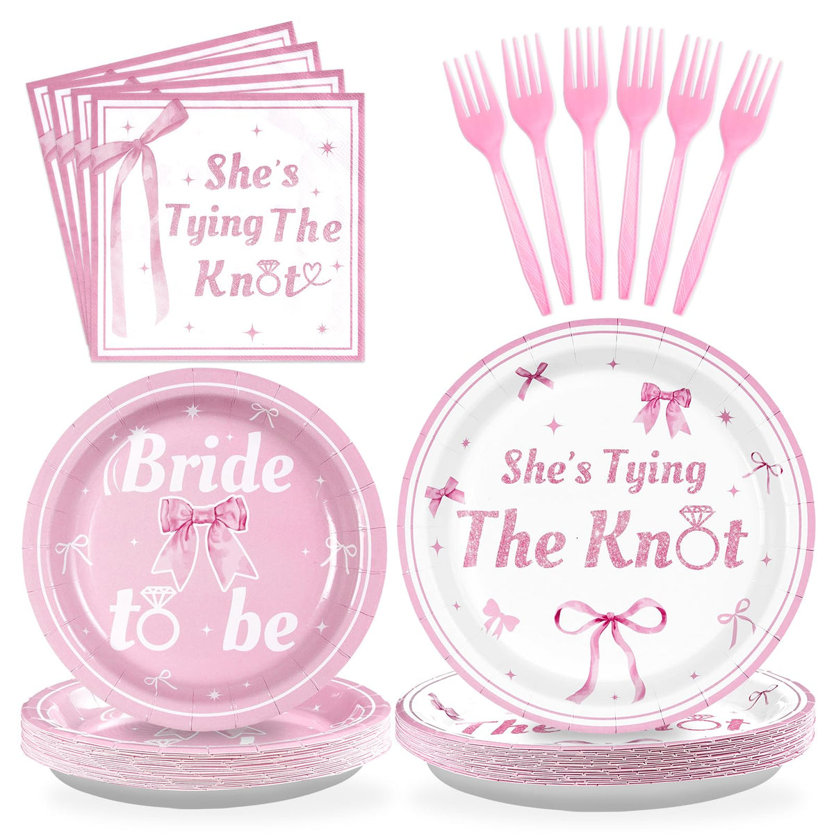 96 Pcs Pink Bow Bridal Shower Party Plates and Napkins - Grencian