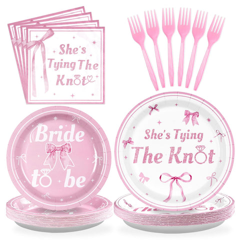 96 Pcs Pink Bow Bridal Shower Party Plates and Napkins - Grencian