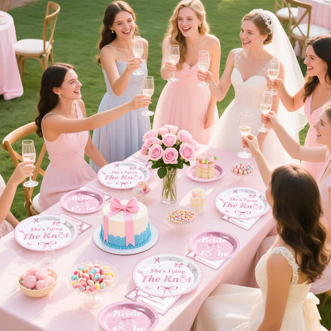 96 Pcs Pink Bow Bridal Shower Party Plates and Napkins - Grencian