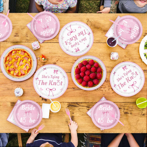 96 Pcs Pink Bow Bridal Shower Party Plates and Napkins - Grencian