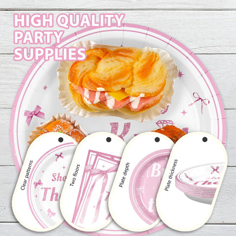 96 Pcs Pink Bow Bridal Shower Party Plates and Napkins - Grencian