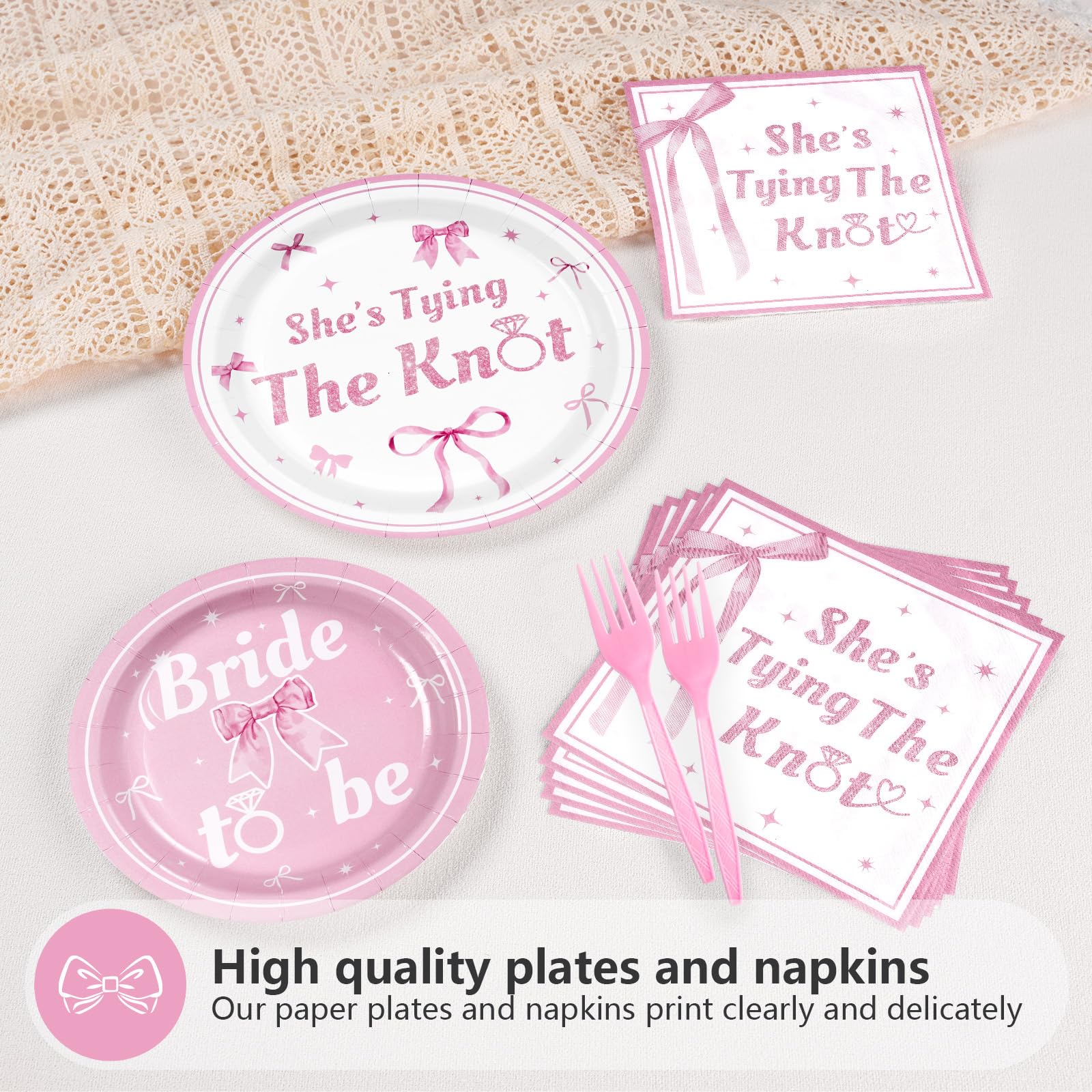 96 Pcs Pink Bow Bridal Shower Party Plates and Napkins - Grencian