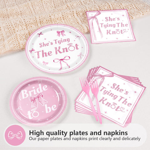 96 Pcs Pink Bow Bridal Shower Party Plates and Napkins - Grencian