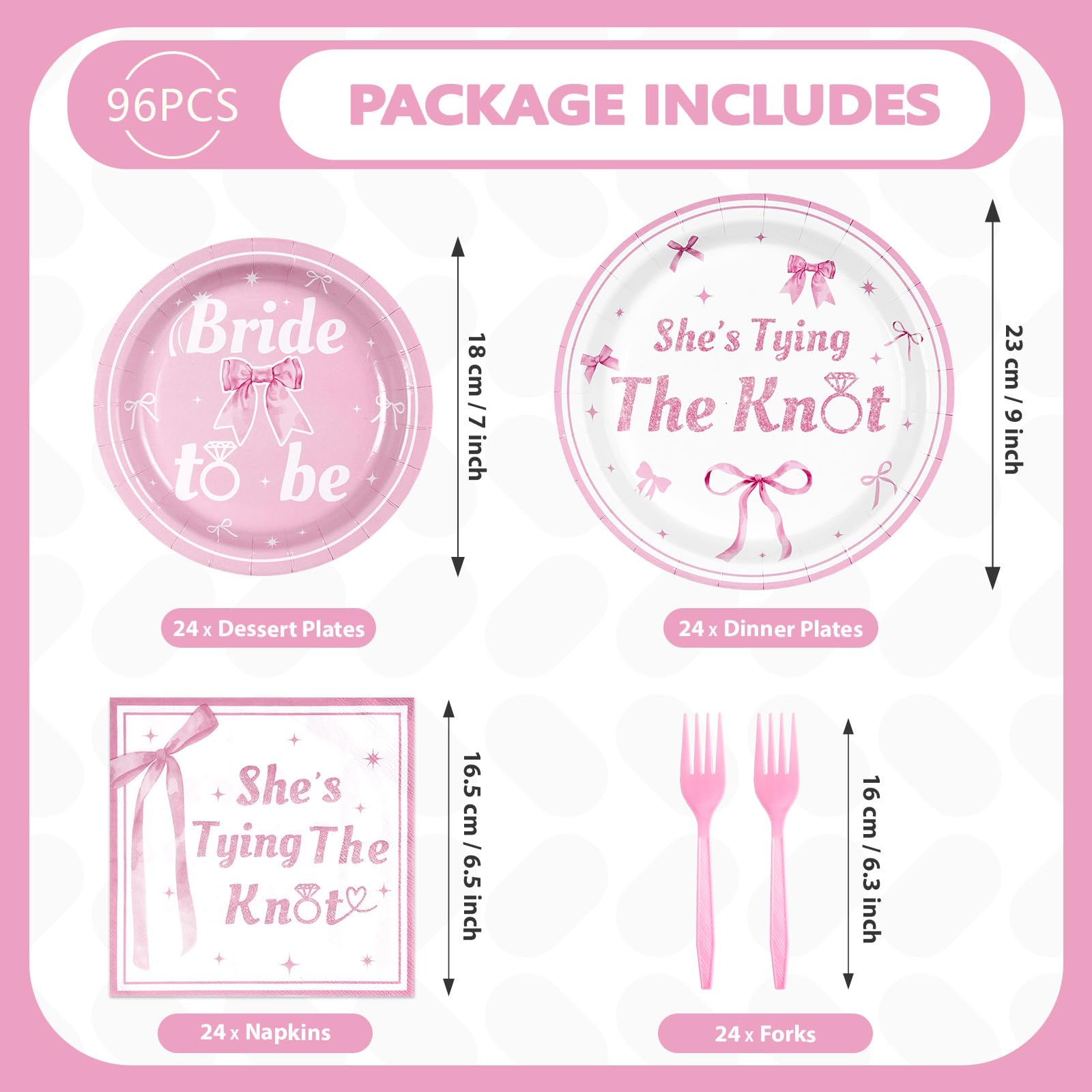 96 Pcs Pink Bow Bridal Shower Party Plates and Napkins - Grencian