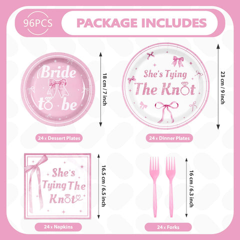 96 Pcs Pink Bow Bridal Shower Party Plates and Napkins - Grencian