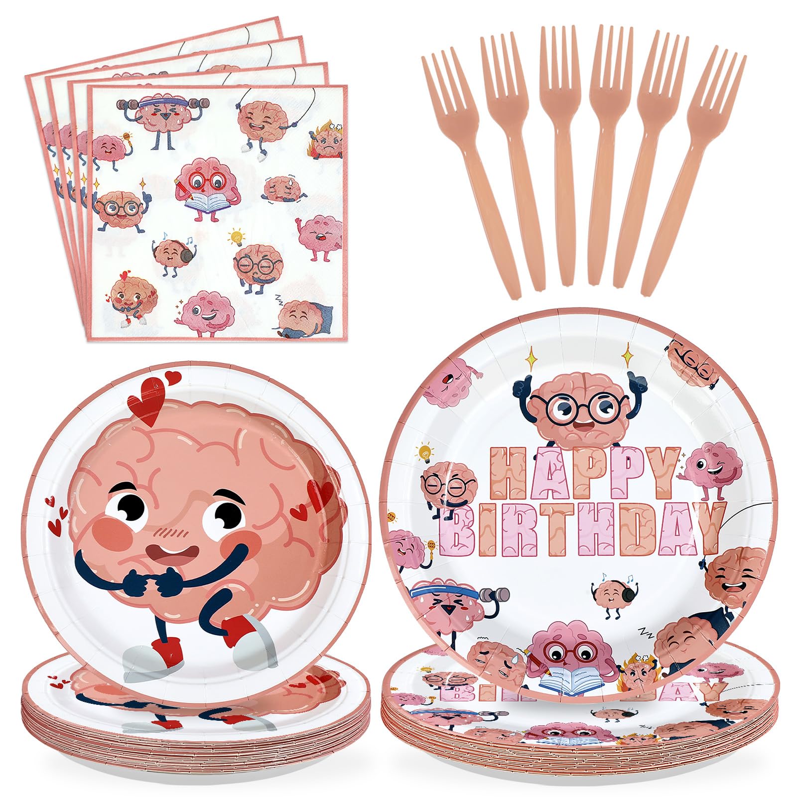96 Pcs Pink Brain Birthday Party Plates and Napkins - Grencian