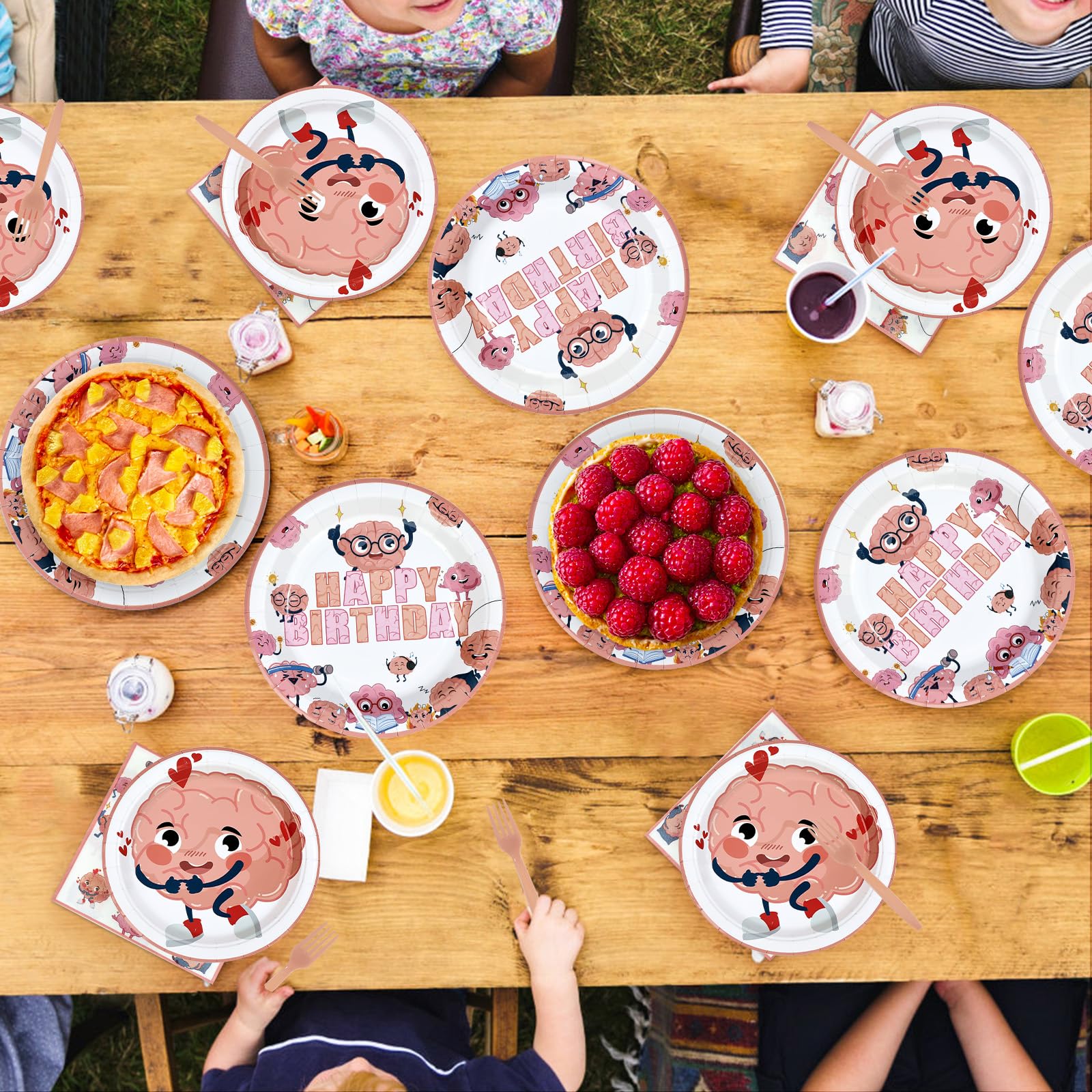 96 Pcs Pink Brain Birthday Party Plates and Napkins - Grencian