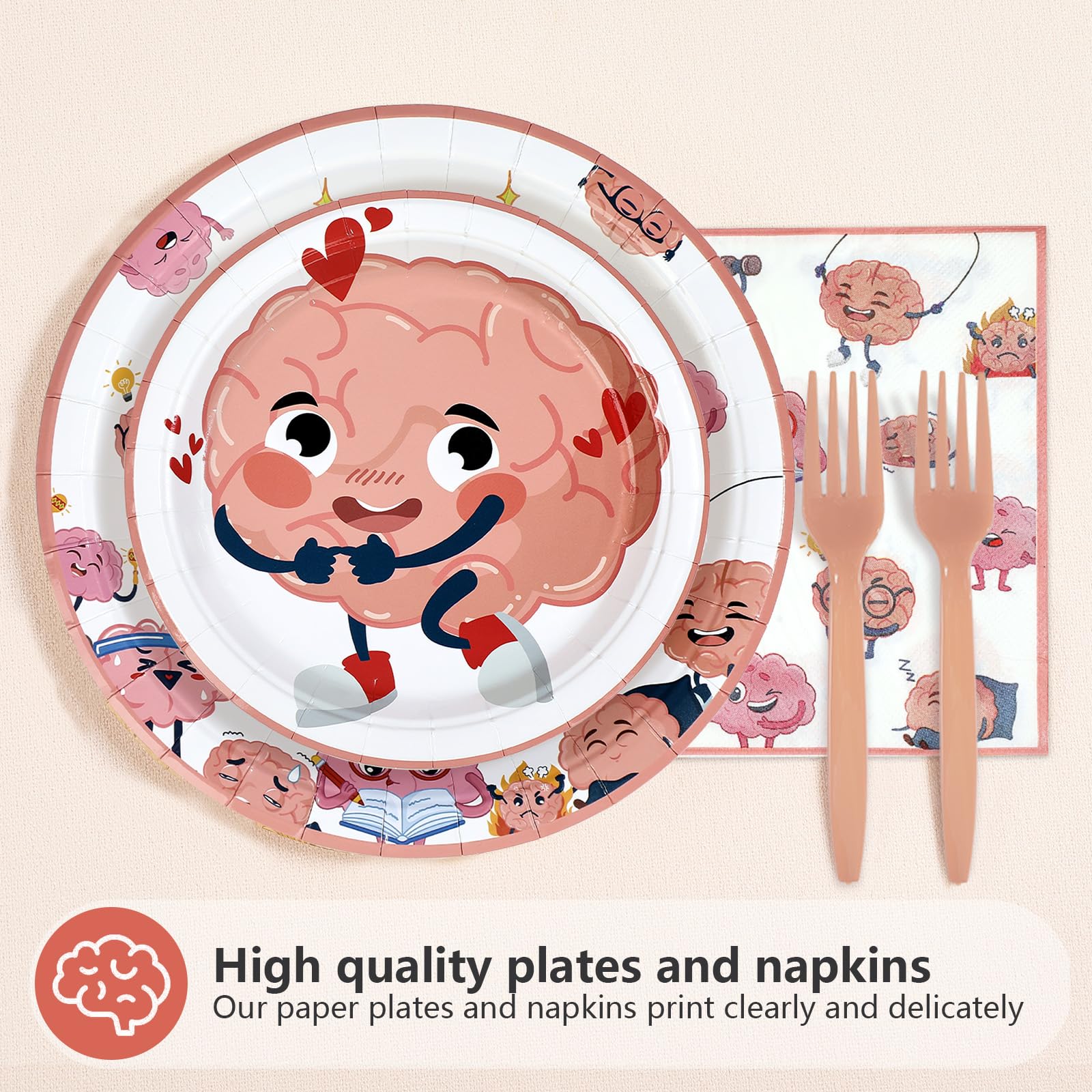 96 Pcs Pink Brain Birthday Party Plates and Napkins - Grencian