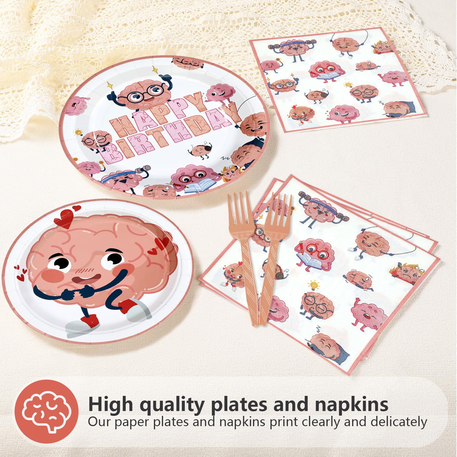 96 Pcs Pink Brain Birthday Party Plates and Napkins - Grencian