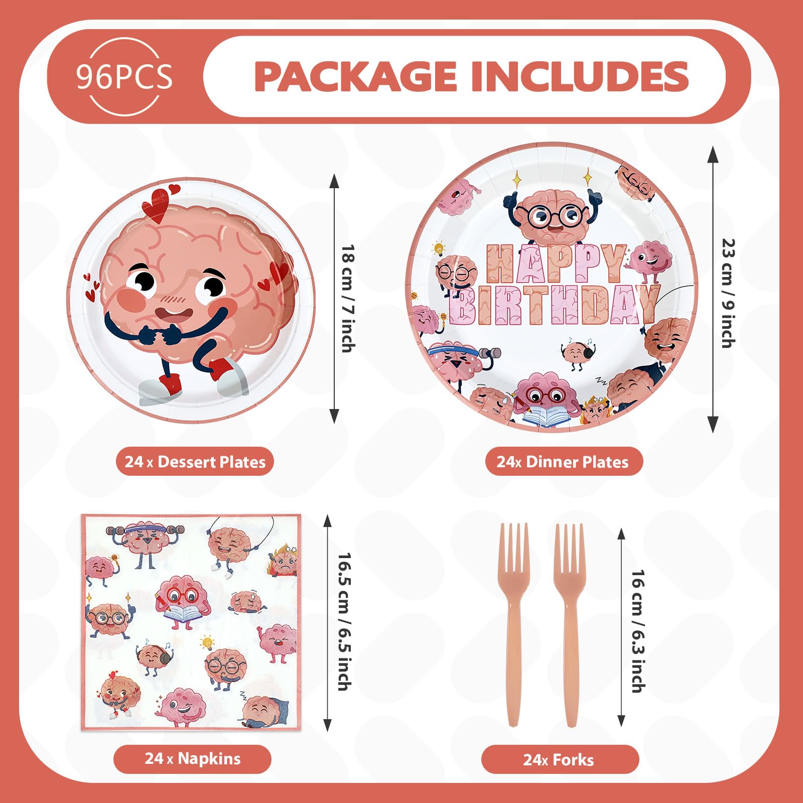 96 Pcs Pink Brain Birthday Party Plates and Napkins - Grencian