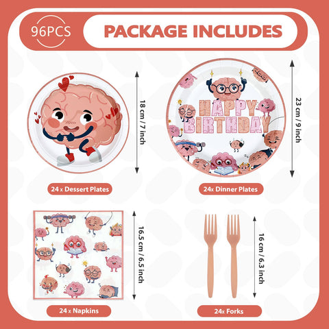 96 Pcs Pink Brain Birthday Party Plates and Napkins - Grencian