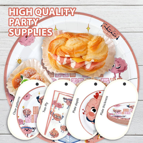 96 Pcs Pink Brain Birthday Party Plates and Napkins - Grencian