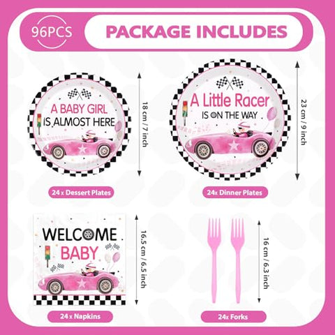 96 Pcs Pink Car Baby Shower Party Plates and Napkins - Grencian