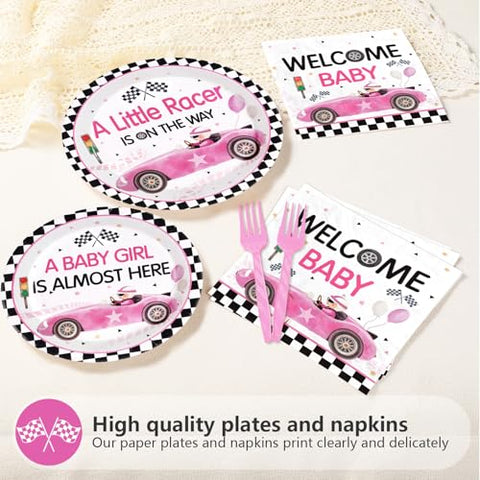 96 Pcs Pink Car Baby Shower Party Plates and Napkins - Grencian