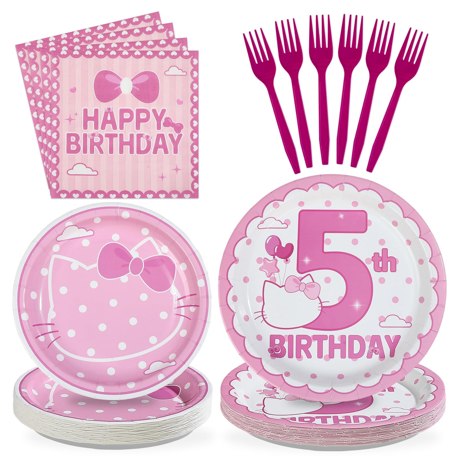 96 Pcs Pink Cat 5th Birthday Party Plates and Napkins - Grencian