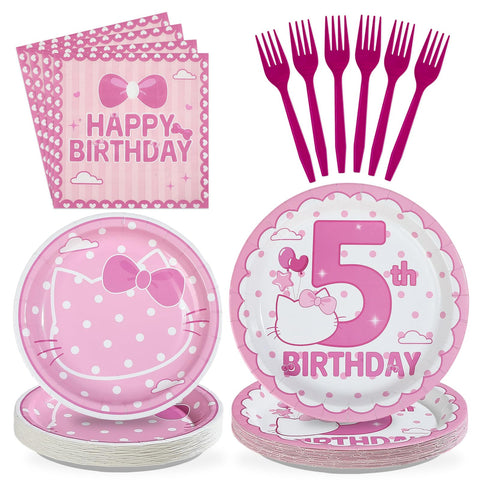 96 Pcs Pink Cat 5th Birthday Party Plates and Napkins - Grencian