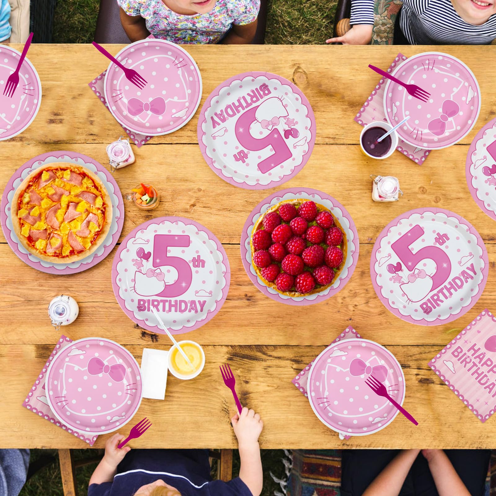 96 Pcs Pink Cat 5th Birthday Party Plates and Napkins - Grencian