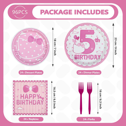 96 Pcs Pink Cat 5th Birthday Party Plates and Napkins - Grencian