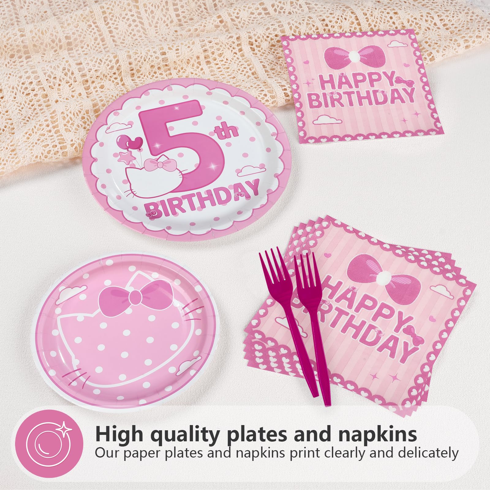 96 Pcs Pink Cat 5th Birthday Party Plates and Napkins - Grencian