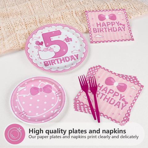 96 Pcs Pink Cat 5th Birthday Party Plates and Napkins - Grencian